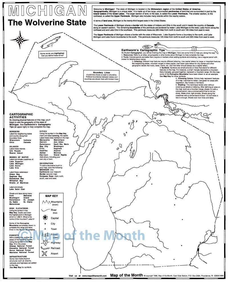 Michigan Map Blank Outline Map 16 By 20 Inches Activities Included