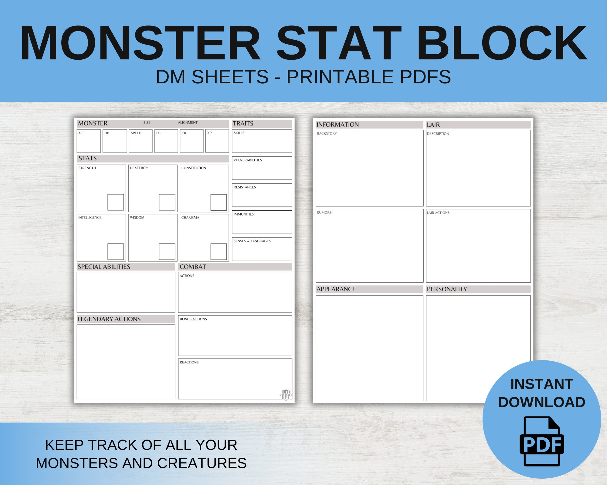 Minimalist Monster Stat Block DM Sheets Dnd 5E Printable PDF Etsy