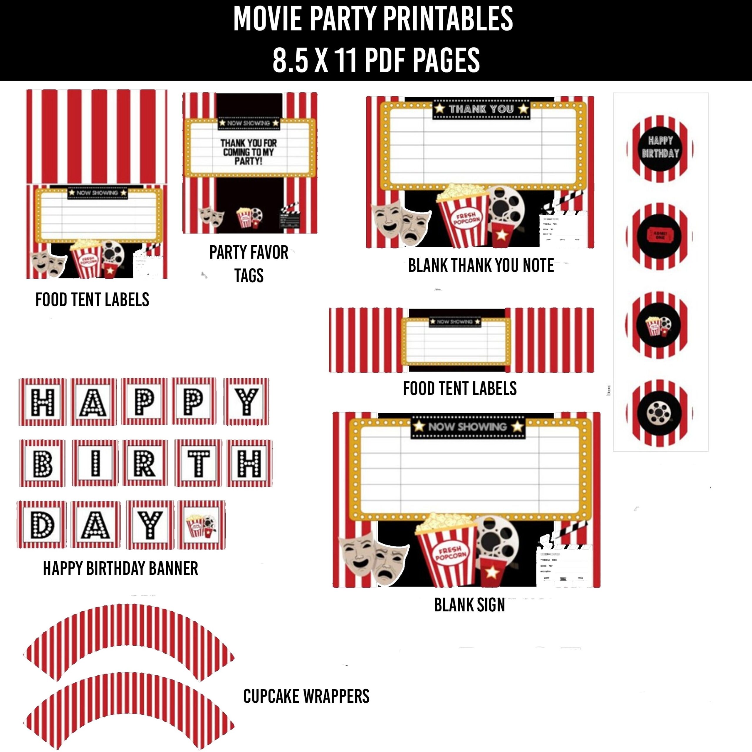 Movie Birthday Party Movie Party Package Movie Party Printable Movie Party Package movie Party Decorations Movie Party Decor Etsy