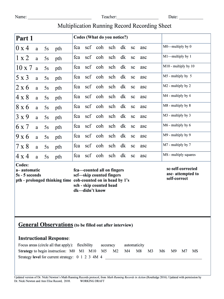 Multiplication Running Record Fill Online Printable Fillable Blank PdfFiller