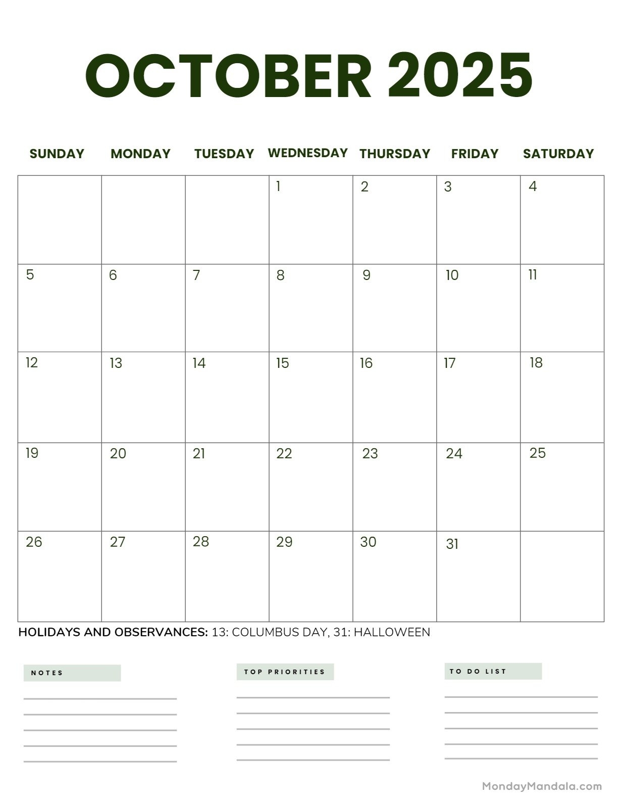 October 2025 Blank Calendar Printable Free