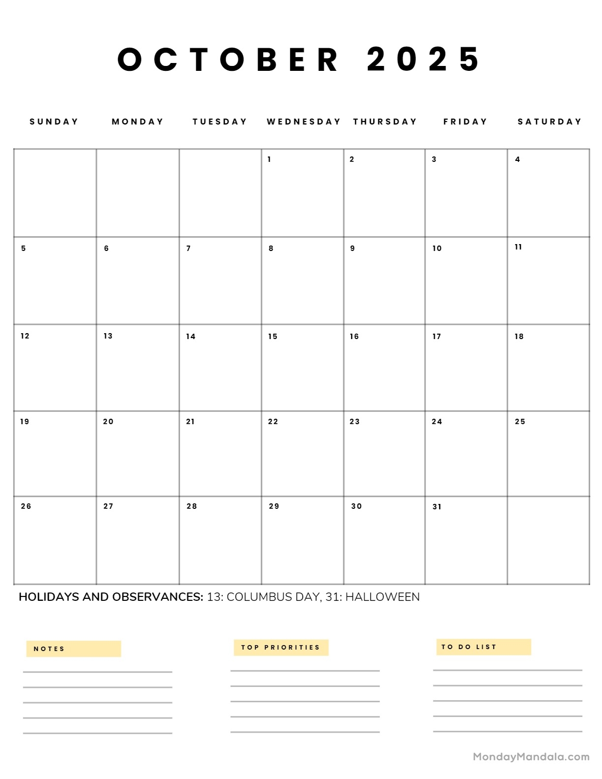 October 2025 Blank Calendar Printable