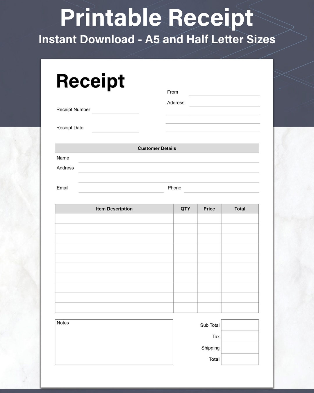 Order Receipt Printable Customer Order Receipt Form Sales Receipt Template A5 And Half Letter Ideal For Small Business Or Online Shops Etsy