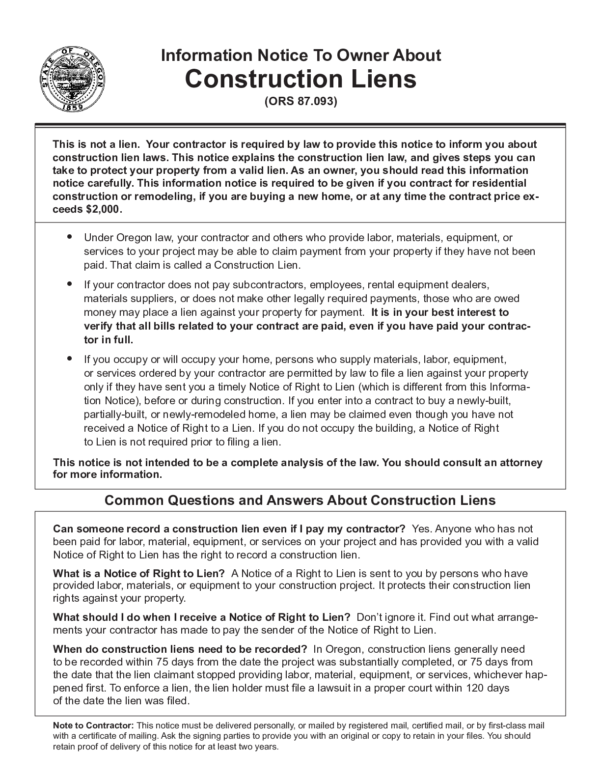 Oregon Information Notice To Owner Form Free Template