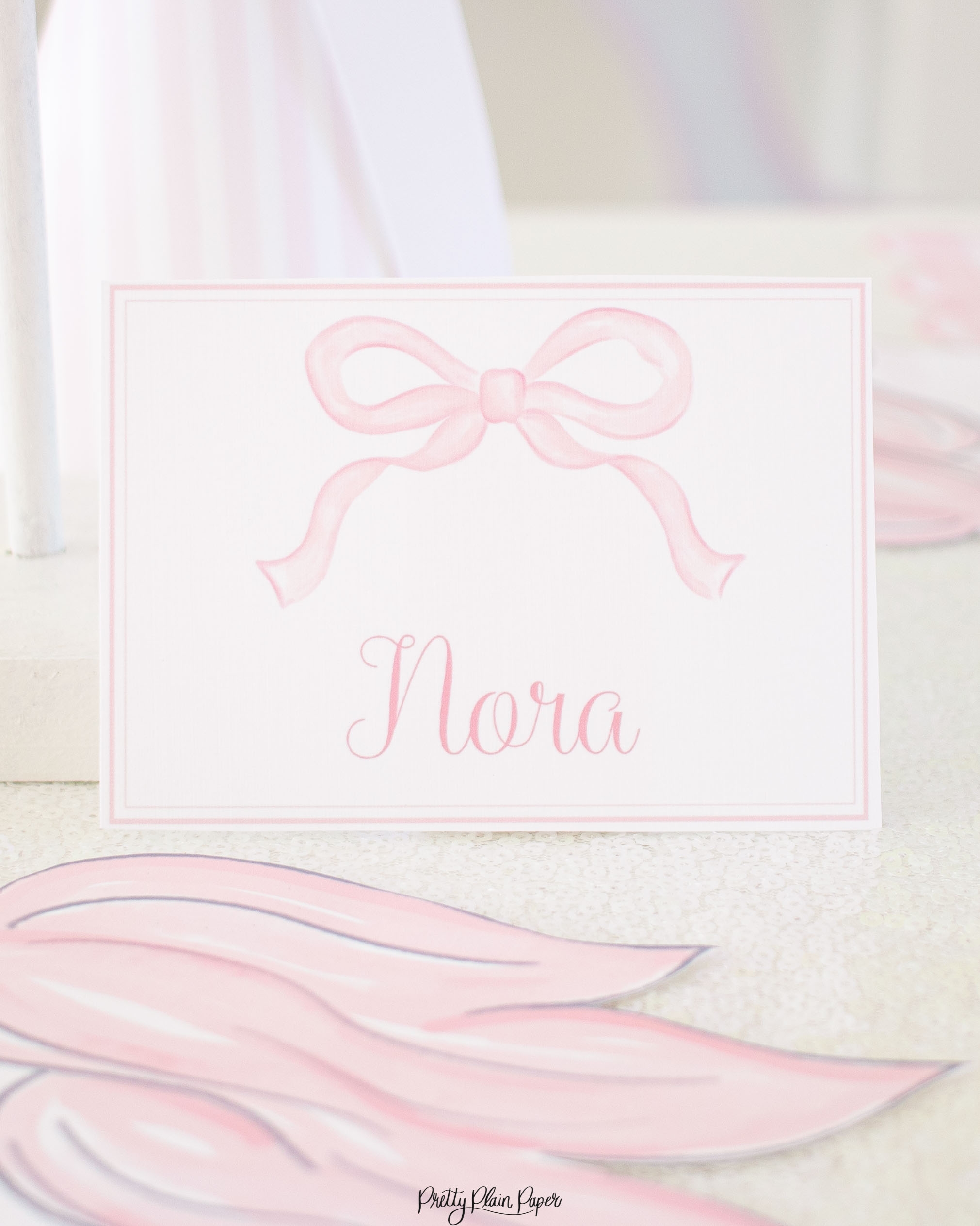 Pink Bow Place Cards Editable Pretty Plain Paper