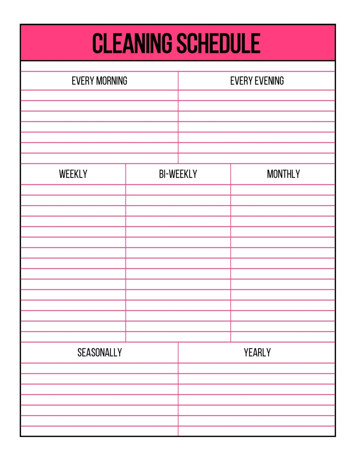 Pink Printable Cleaning Schedule 1 Page Letter Size Lined And Blank Styles Instant Download Etsy