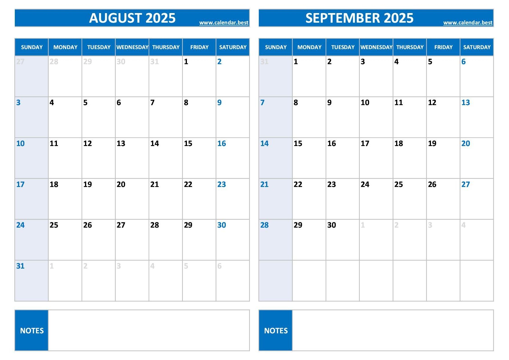 Blank August And September 2025 Calendar