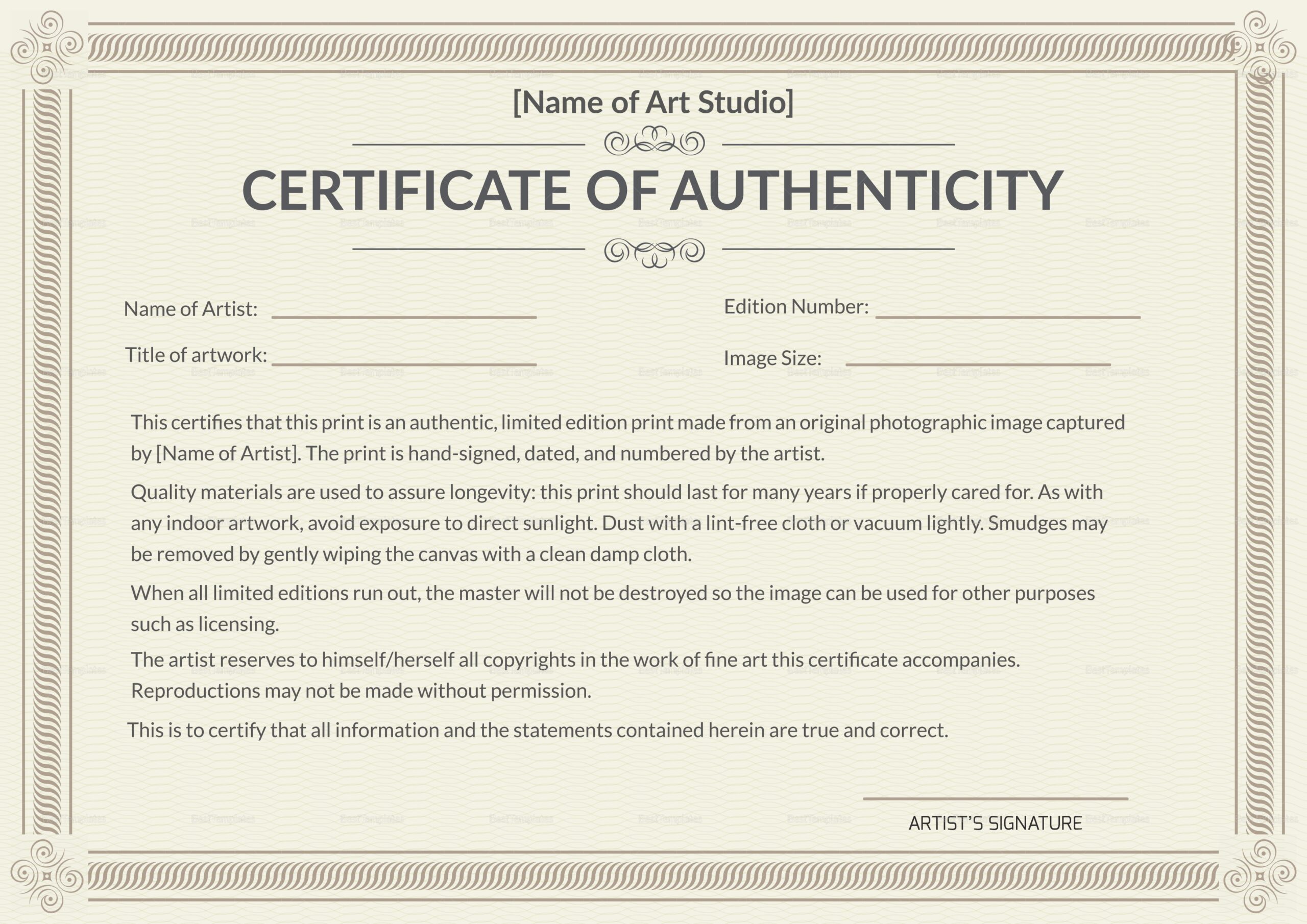 Printable Blank Certificate Of Authenticity