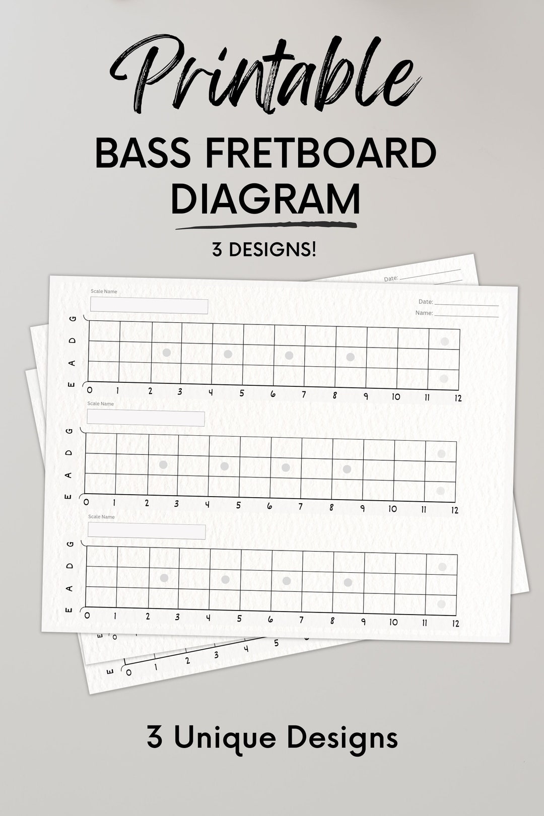 Printable Blank Bass Guitar Fretboard Chart Neck Diagram Teacher Student Music Scale Standard US Letter Play 4 String Instant Download PDF Etsy