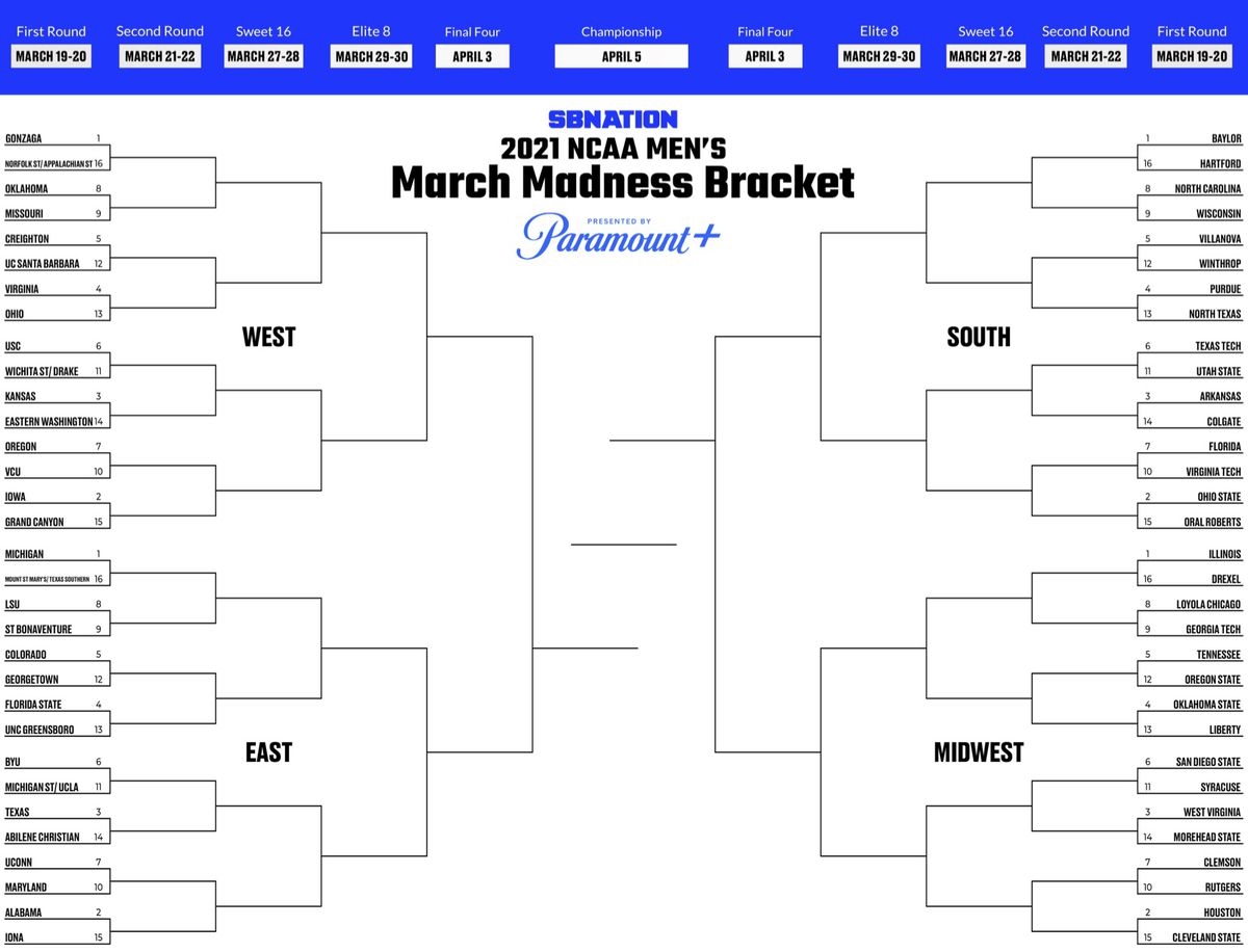 Printable Bracket 2021 Fill Out Your Men s March Madness Picks SBNation