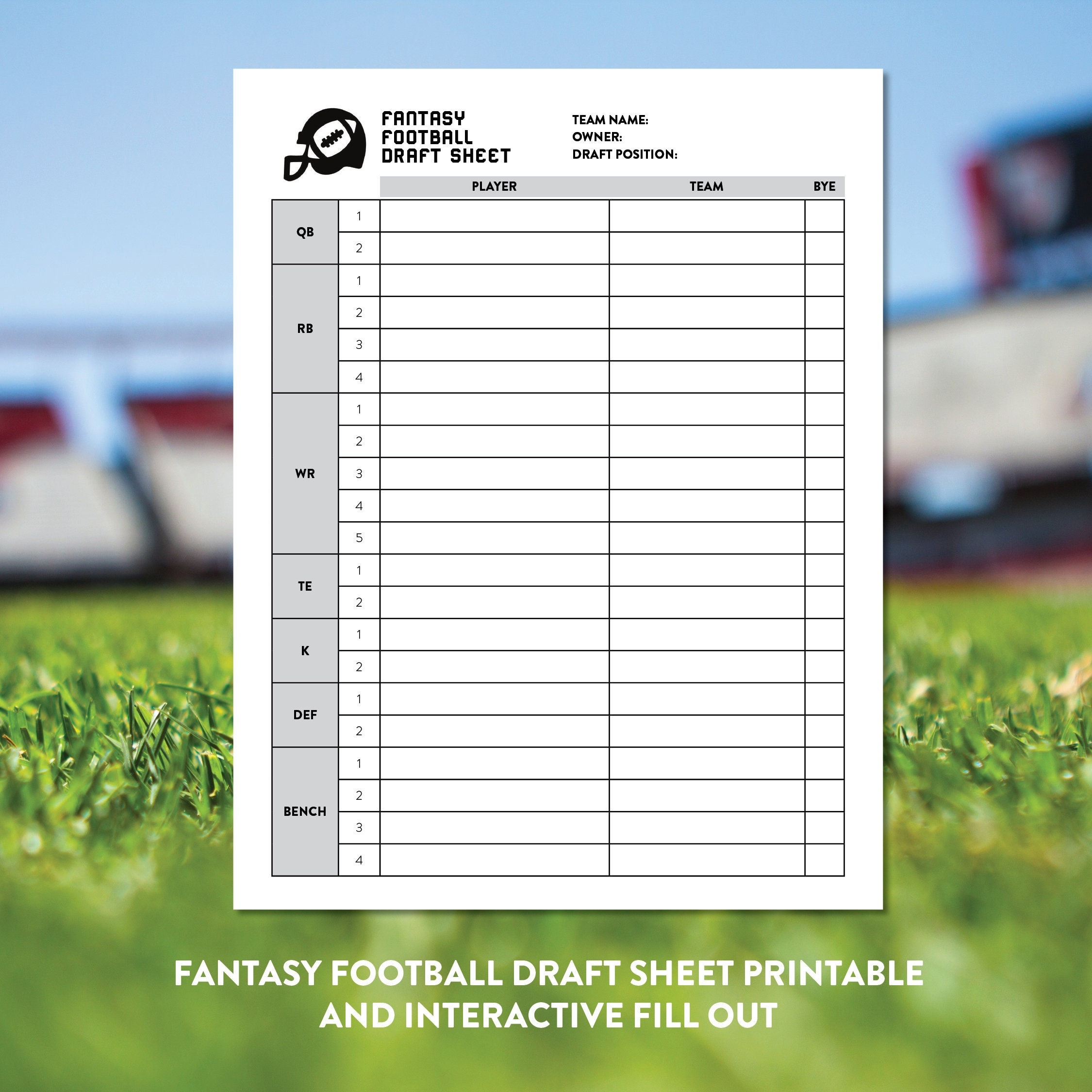Printable Fantasy Football Blank Roster