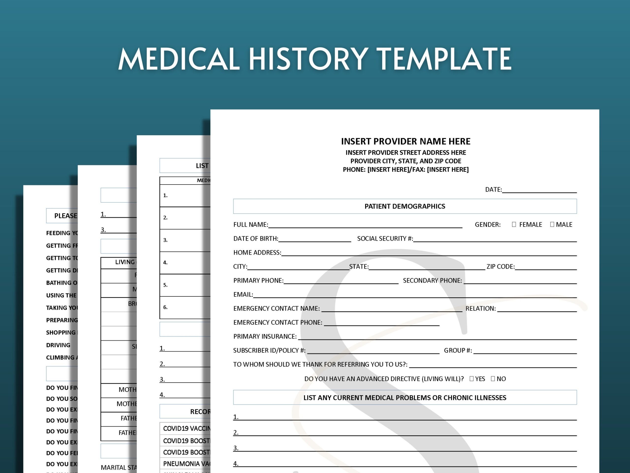 Printable Medical History Template Patient Intake Medical Forms Health History Instant Download Editable Printable Business Template Etsy