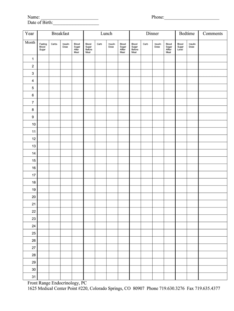 Printable Monthly Blood Sugar Tracking Log Fill Online Printable Fillable Blank PdfFiller