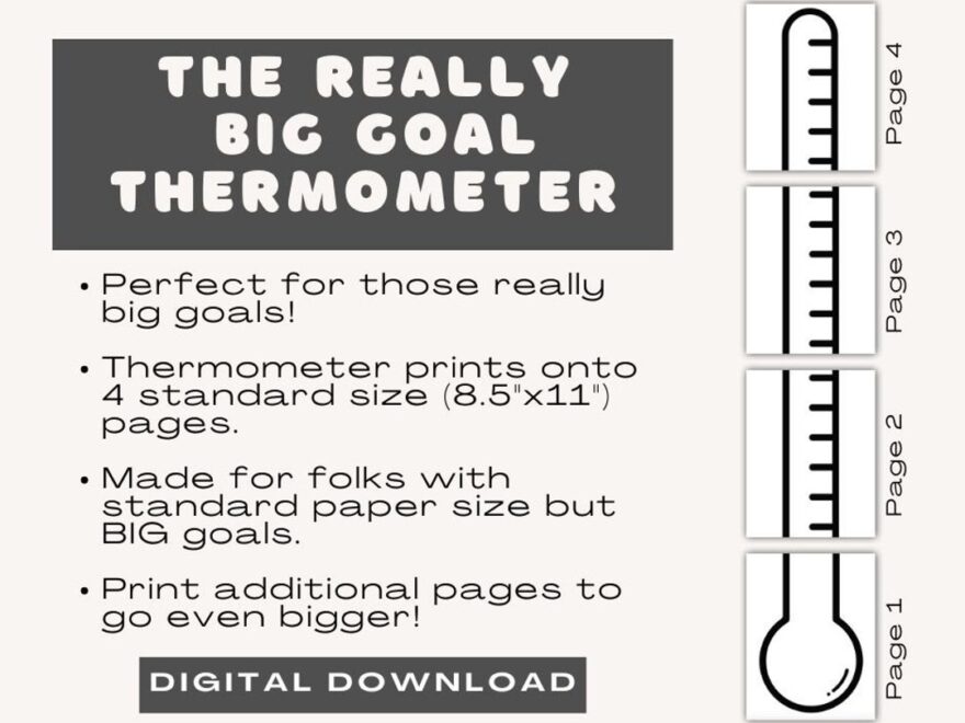 PRINTABLE Really Big Goal Thermometer Printable Goal Chart Really Big Goal Thermometer Downloadable Large Goal Thermometer 4 PDF Pages Etsy
