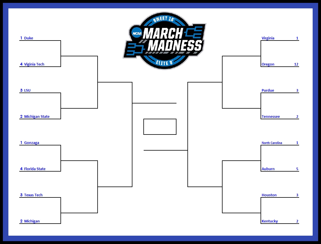 Printable Sweet 16 Elite 8 Tournament Bracket For March Madness 2019