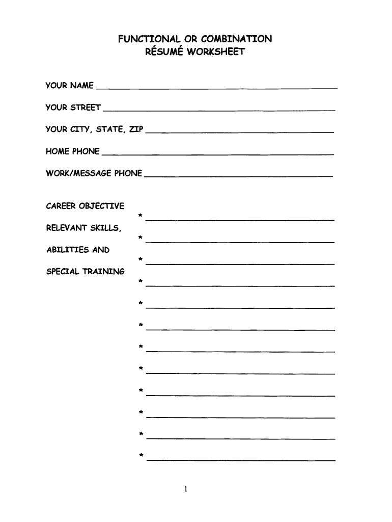 Resume Worksheet Printable Fill Online Printable Fillable Blank PdfFiller