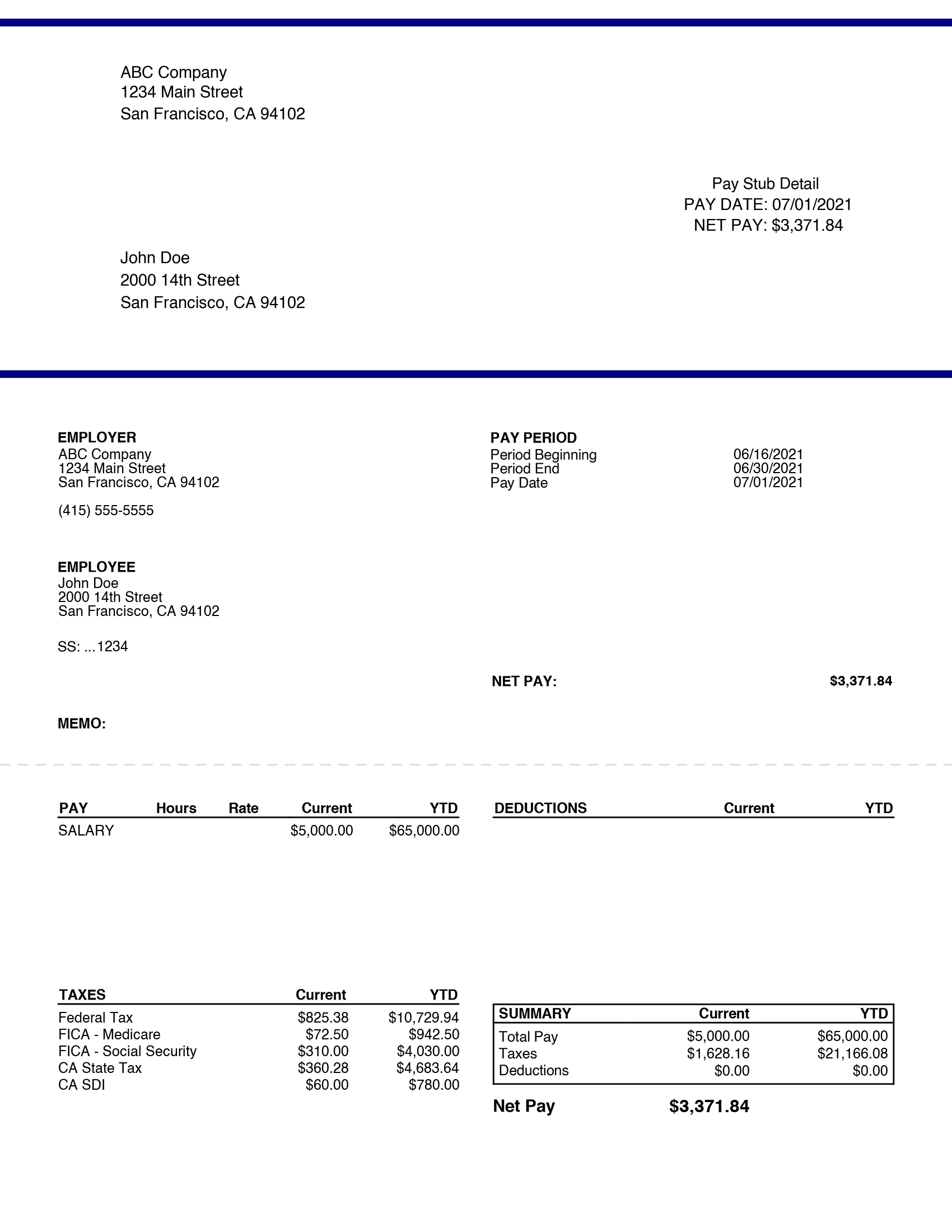 Free Printable Blank Payroll Checkstub