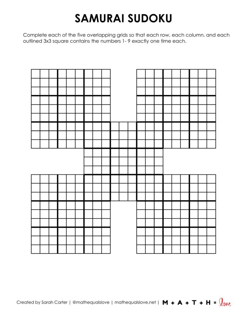 Samurai Sudoku Blank Grid Printable Math Love