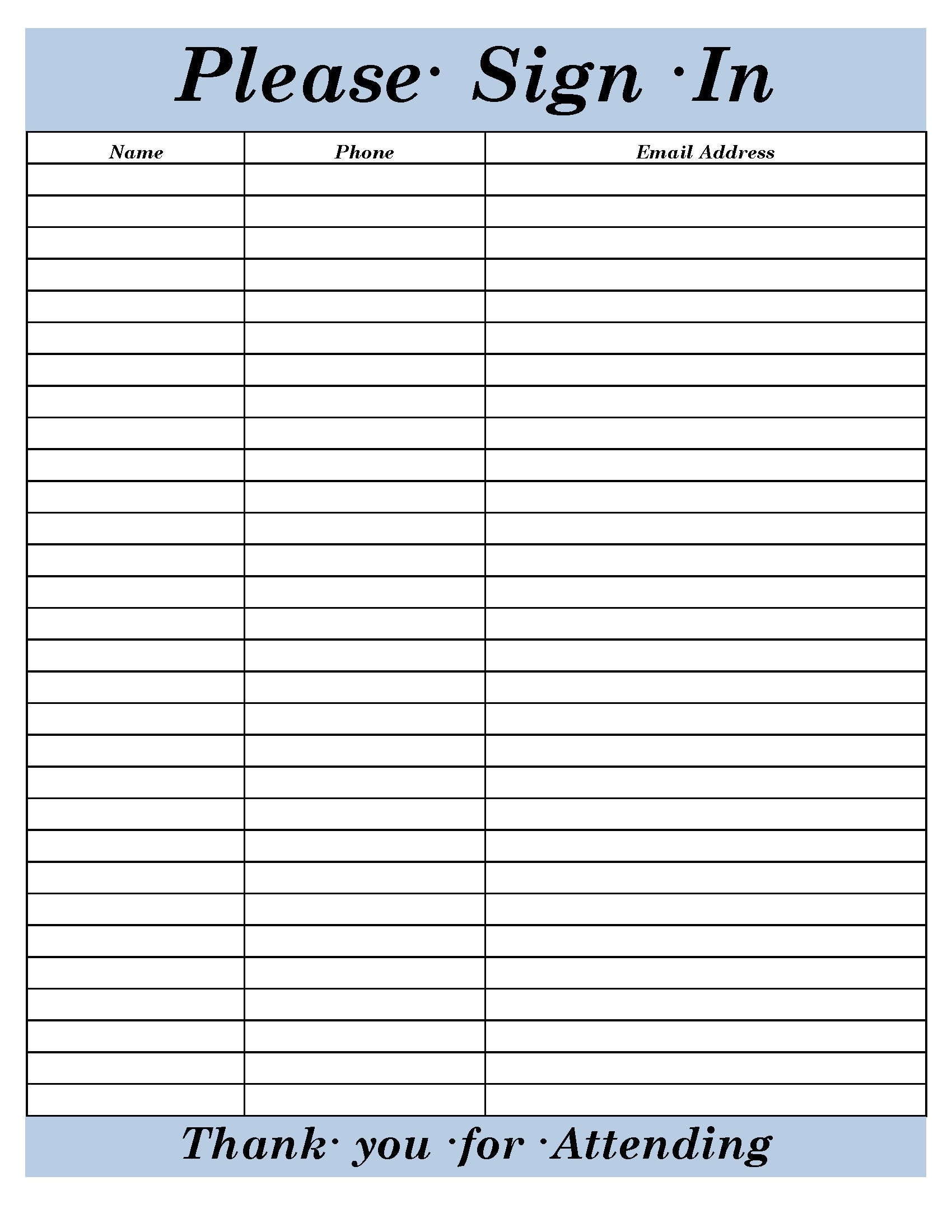 Blank Sign In Sheet Printable