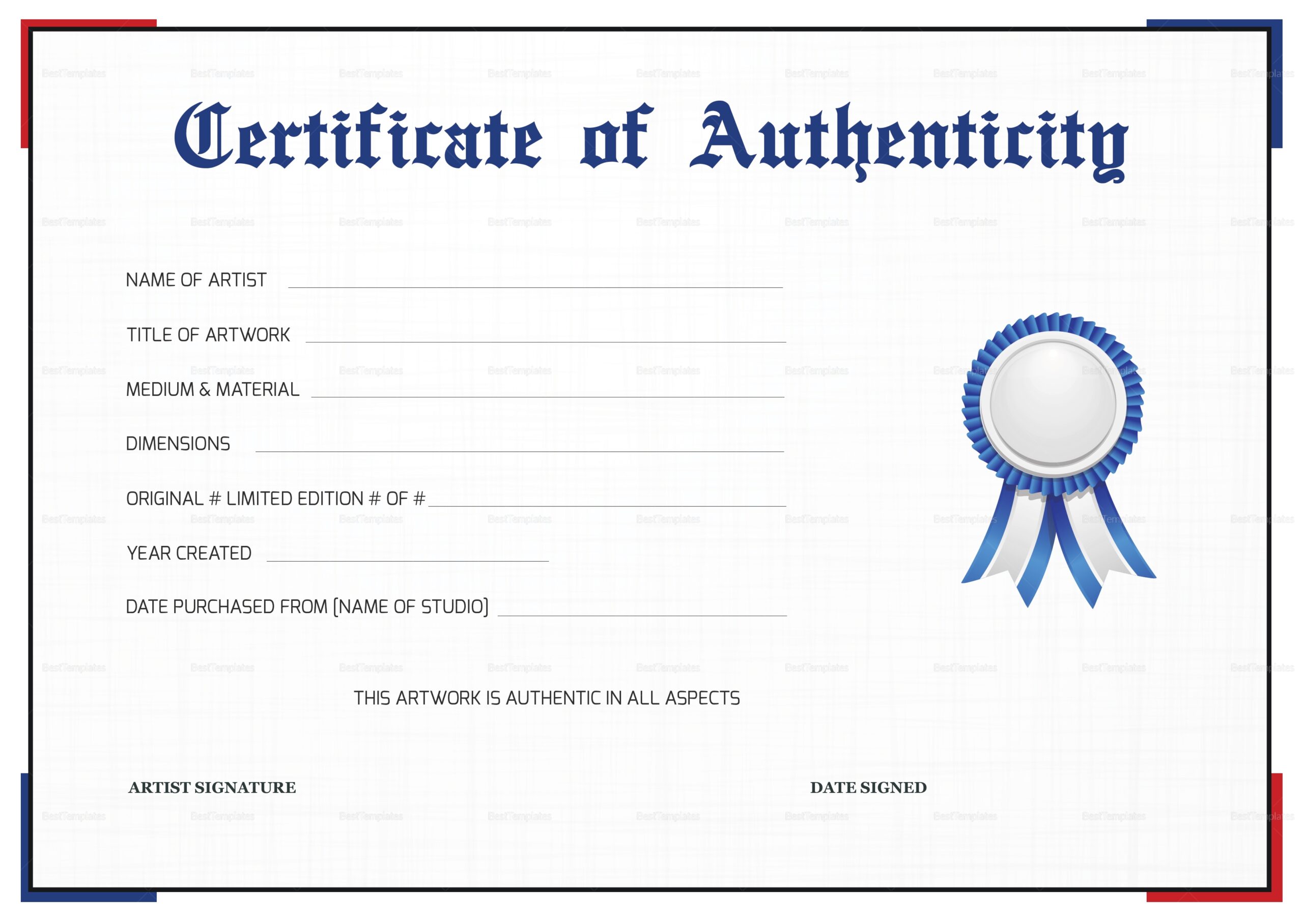 Simple Certificate Of Authenticity Design Template In PSD Word