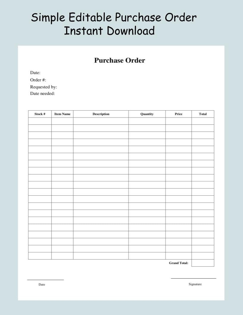 Simple Minimal Editable Purchase Order Form Template Downloadable Printable Order Form Etsy