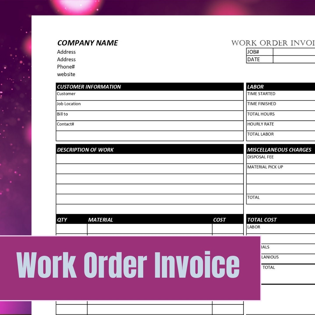 Simple Work Order Invoice Template Printable Invoice Business Form Template Excel Format Landscaping Contractor Painter Etsy