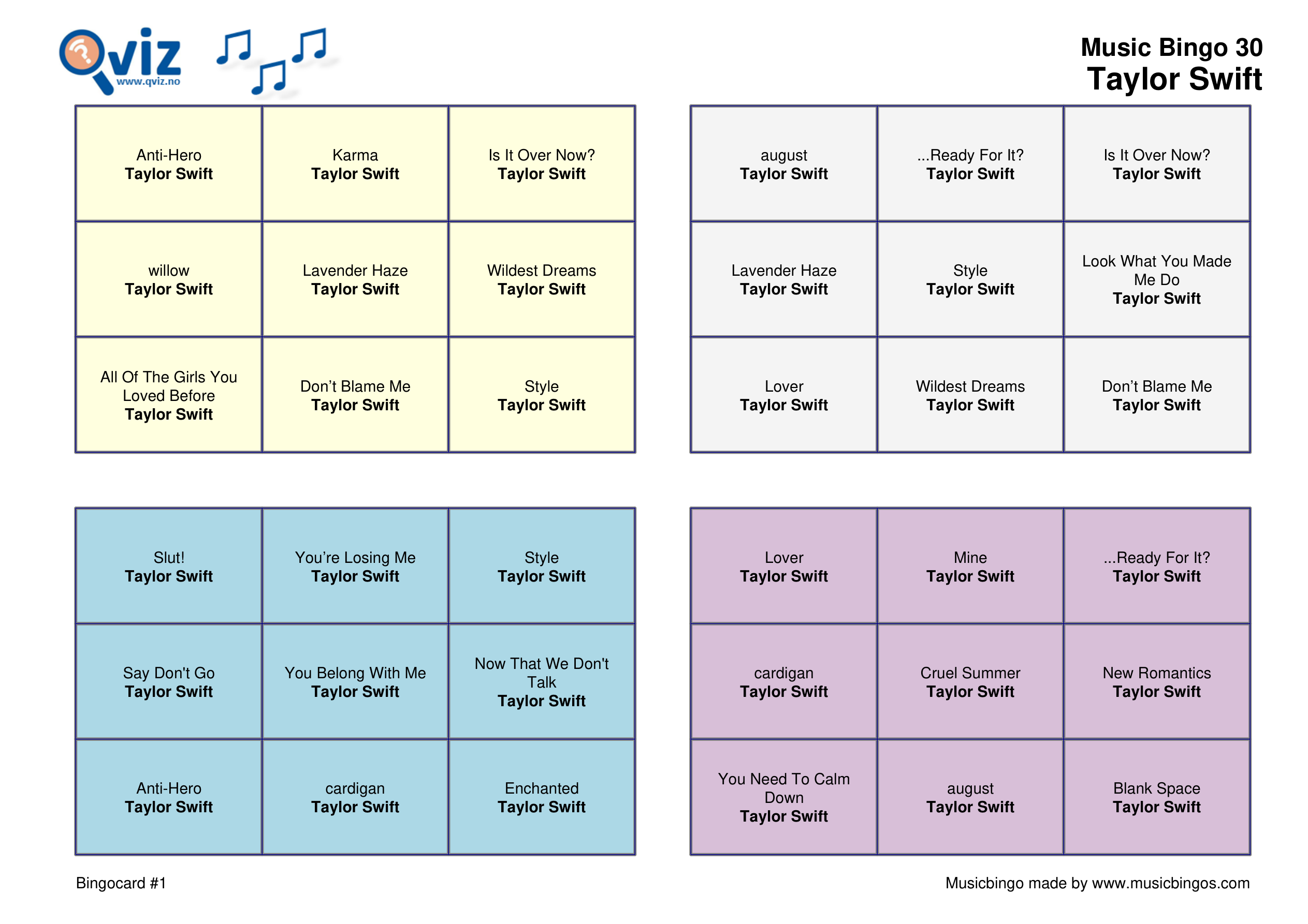Blank Printable Music Bingo Cards