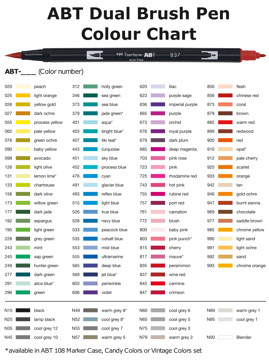 Tombow Color Chart Printable To Track Your 108 Or 96 Dual Brush Pens 