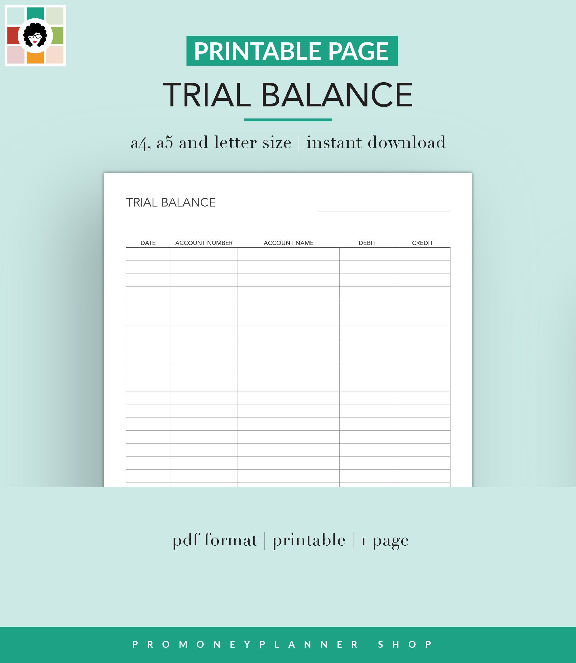 Trial Balance Printable PDF Letter A4 A5 Instant Download Accounting Bookkeeping Small Businesses Entrepreneur Etsy