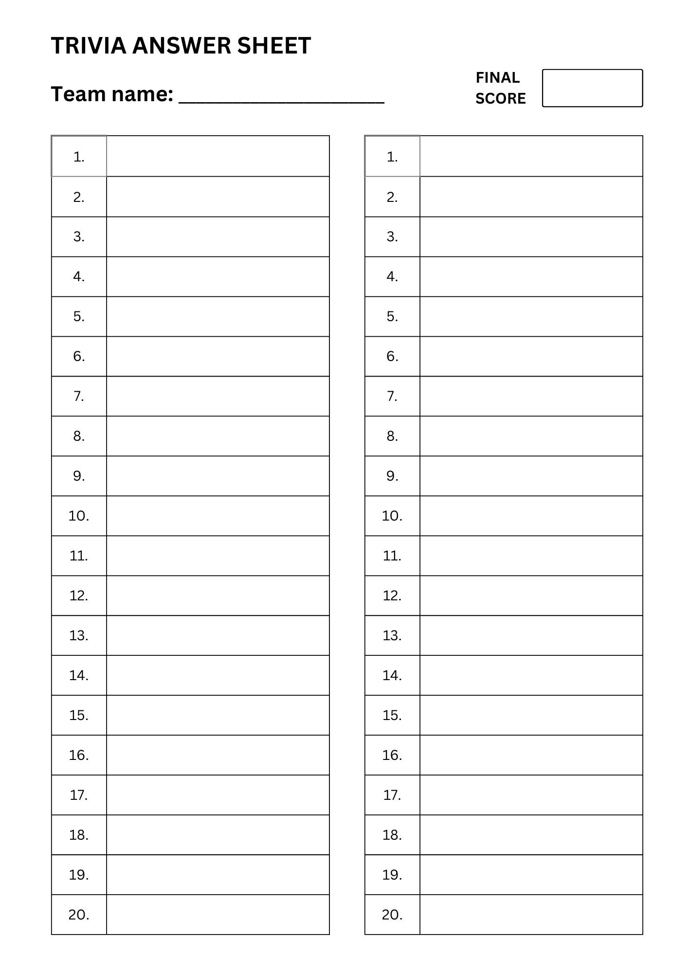Trivia Answer Sheets Trivia Quiz Trivia Night Printable Trivia Answer Sheets Game Night Party Games Trivia Printables Trivia Etsy