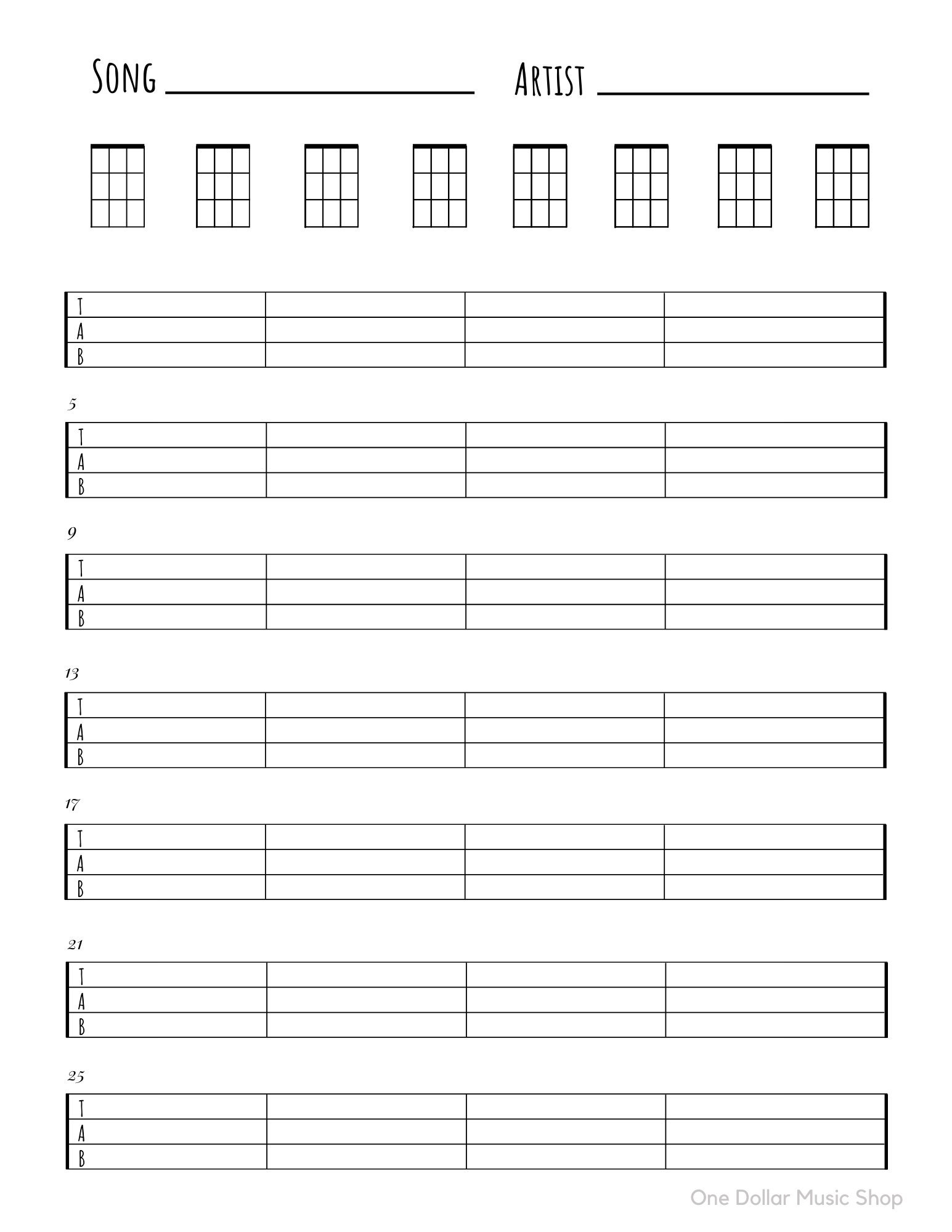 Printable Blank Ukulele Tab Sheet