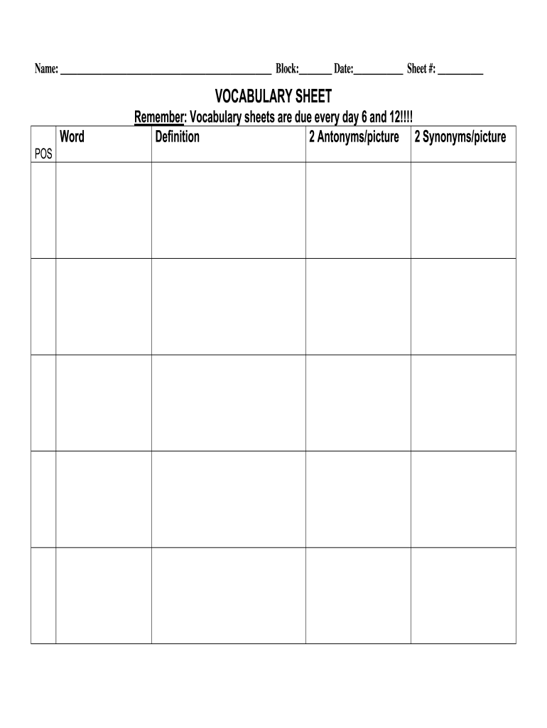 Vocabulary Template Pdf Fill Online Printable Fillable Blank PdfFiller
