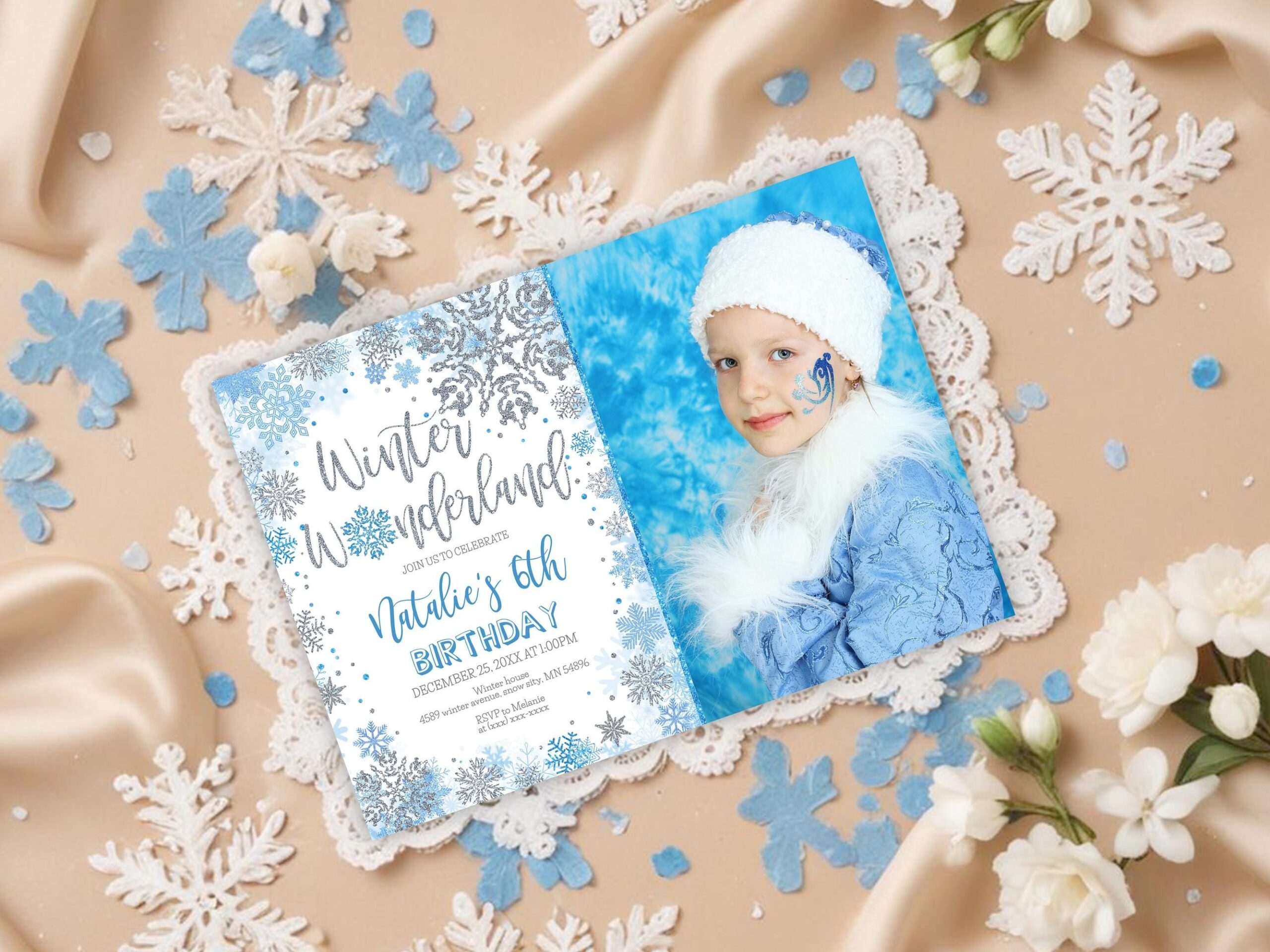 Winter Wonderland Birthday Invitation Girl Or Boy Editable Template With Photo Silver Blue Snowflakes Any Age Winter Birthday B024 Etsy
