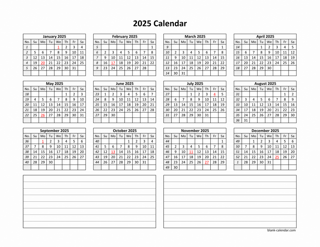 Blank 2025 Yearly Calendar