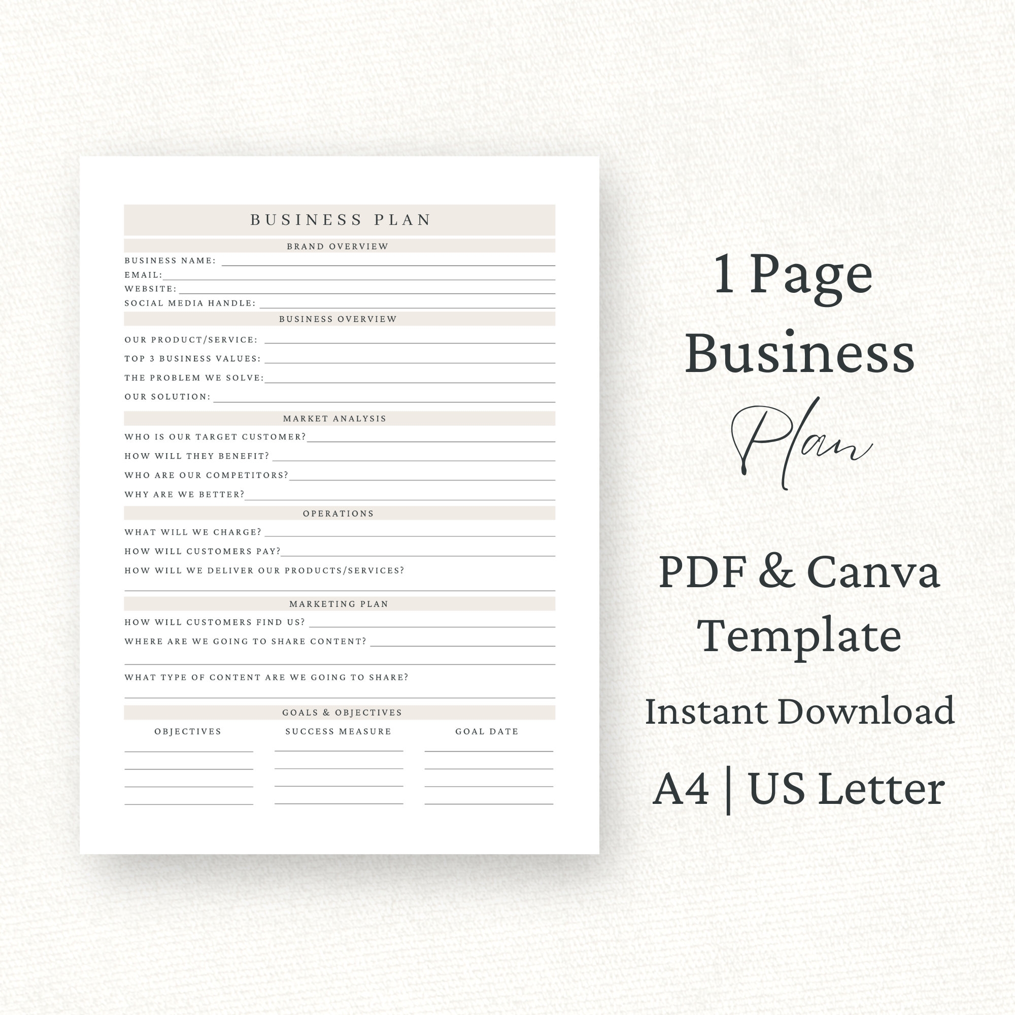 1 Page Business Plan Template Canva PDF Small Business Start up Plan Side Hustle Planner Business Plan Printable Marketing Plan Etsy