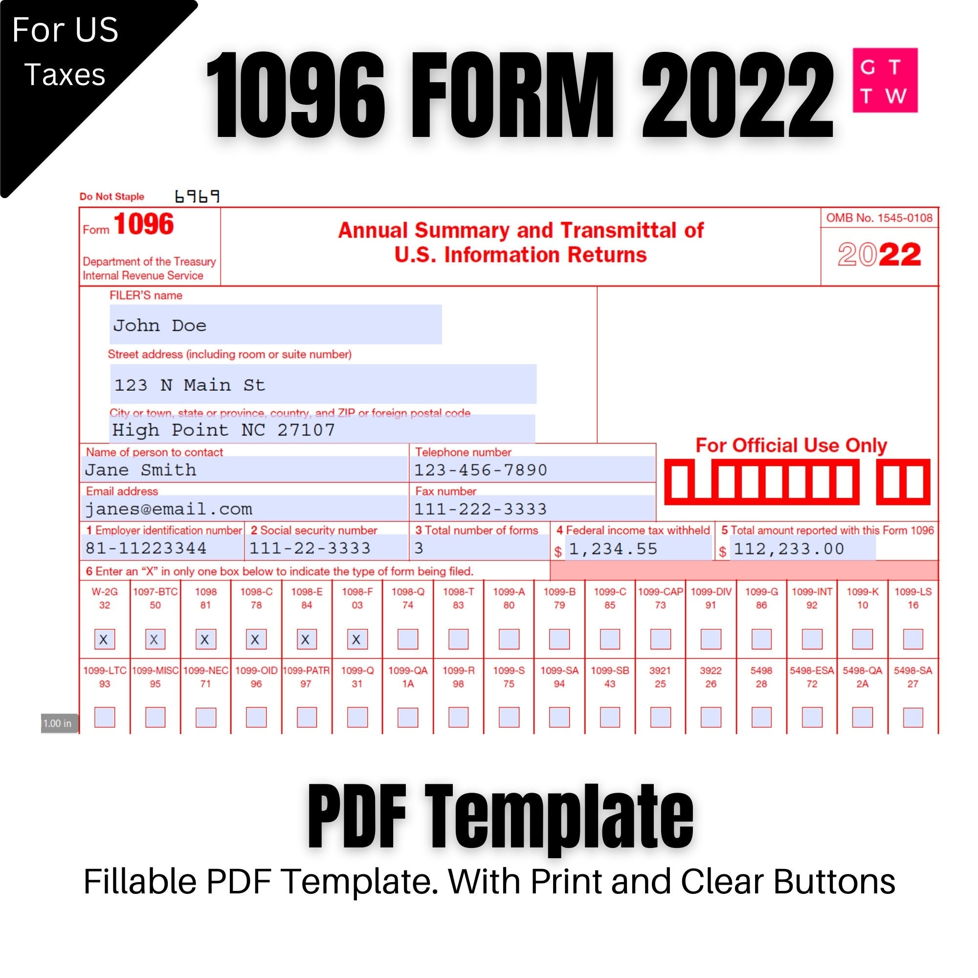 1096 IRS PDF Fillable Template 2022 With Print And Clear Buttons Courier Font Digital Download Etsy