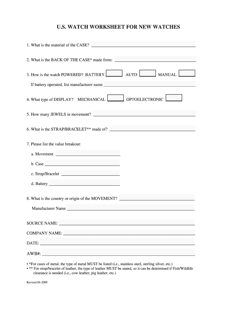2009 Form FedEx US Watch Worksheet For New Watches Fill Online Printable Fillable Blank PdfFiller