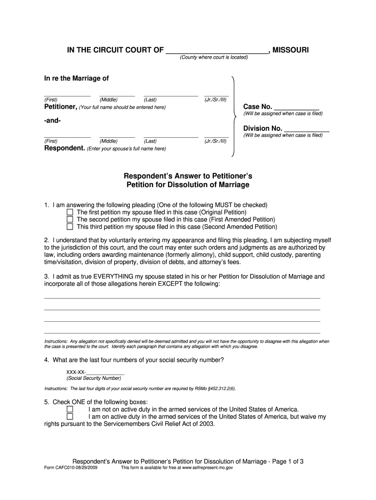 2009 Missouri Petitioner Petition Form Blank Fill Online Printable Fillable Blank PdfFiller