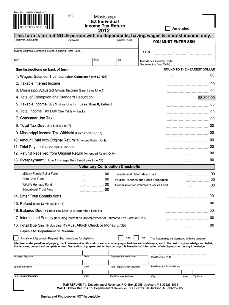 2012 MS DoR Form 80 110 Fill Online Printable Fillable Blank PdfFiller