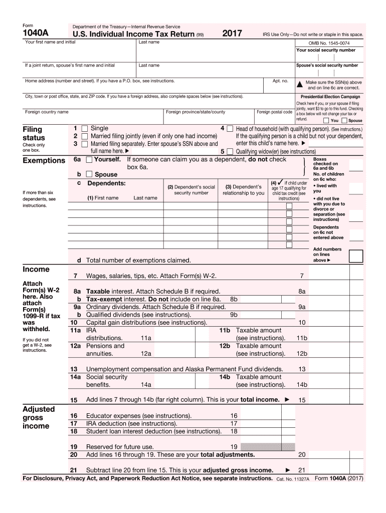 2017 2025 Form IRS 1040 A Fill Online Printable Fillable Blank PdfFiller 2017 2025 Form IRS 1040 A Fill Online Printable Fillable Blank PdfFiller