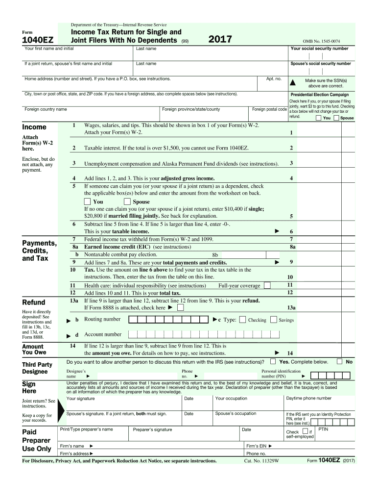 2017 2025 Form IRS 1040 EZ Fill Online Printable Fillable Blank PdfFiller 2017 2025 Form IRS 1040 EZ Fill Online Printable Fillable Blank PdfFiller