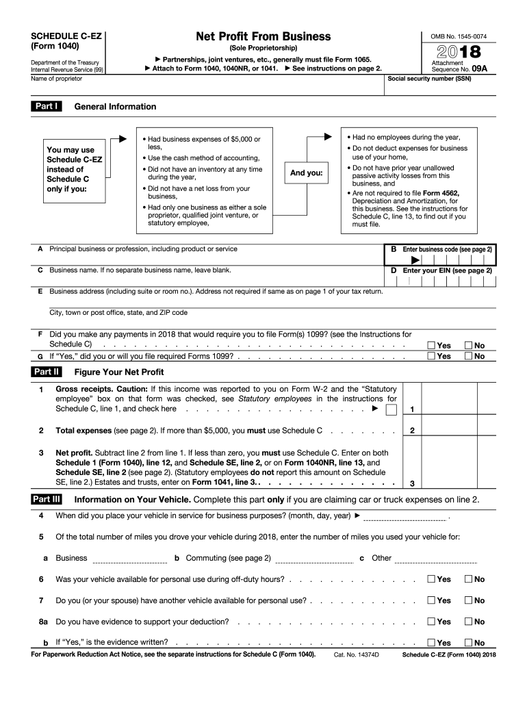 2018 2025 Form IRS 1040 Schedule C EZ Fill Online Printable Fillable Blank PdfFiller 2018 2025 Form IRS 1040 Schedule C EZ Fill Online Printable Fillable Blank PdfFiller