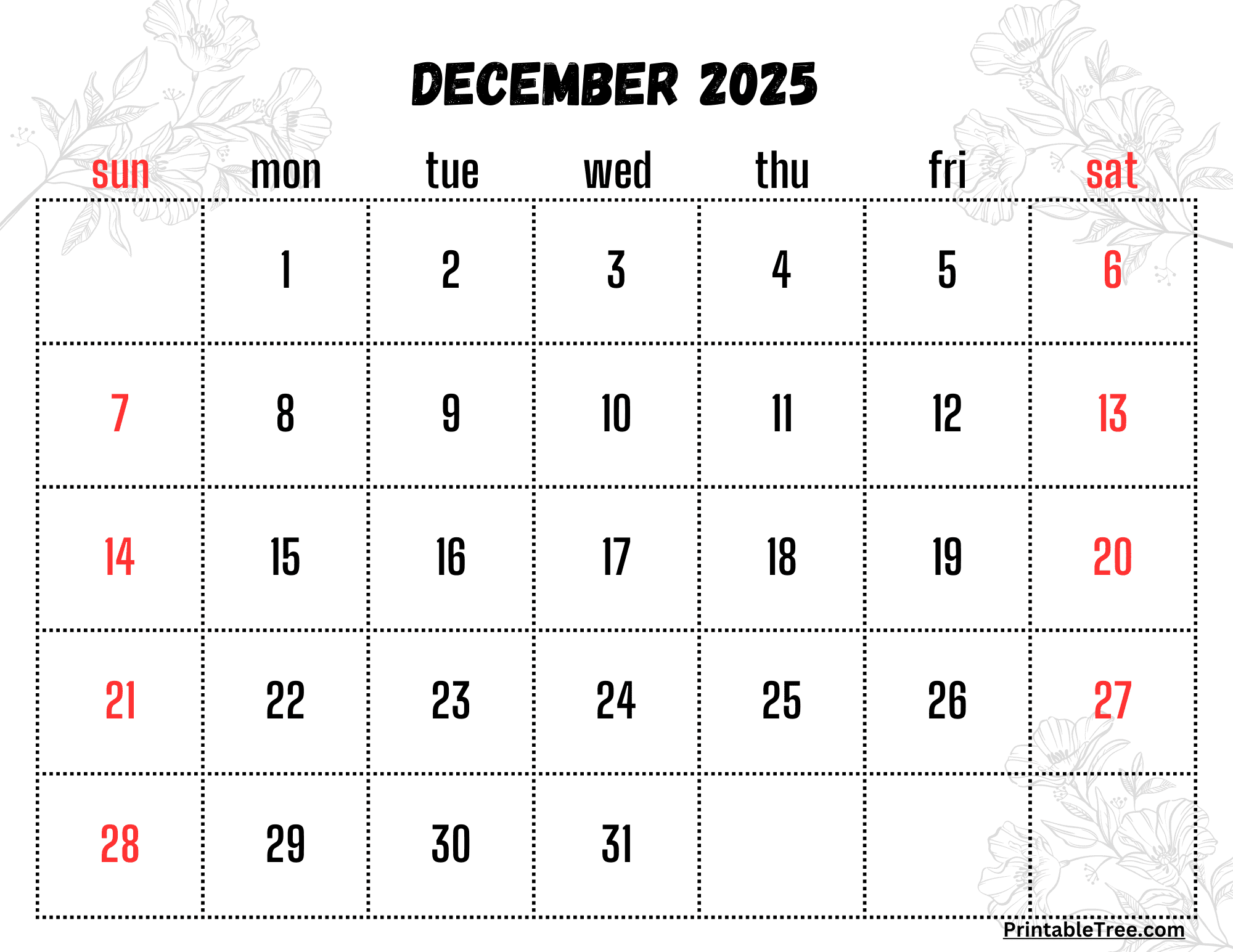 December Calendar 2025 Printable With Holidays