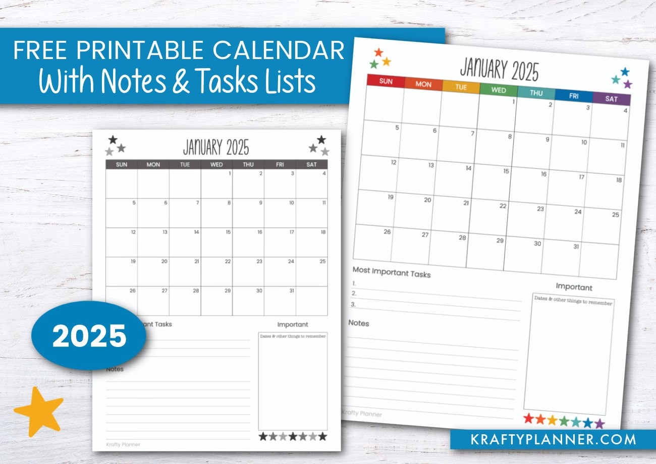 2025 Calendar With Notes And Task Lists Krafty Planner