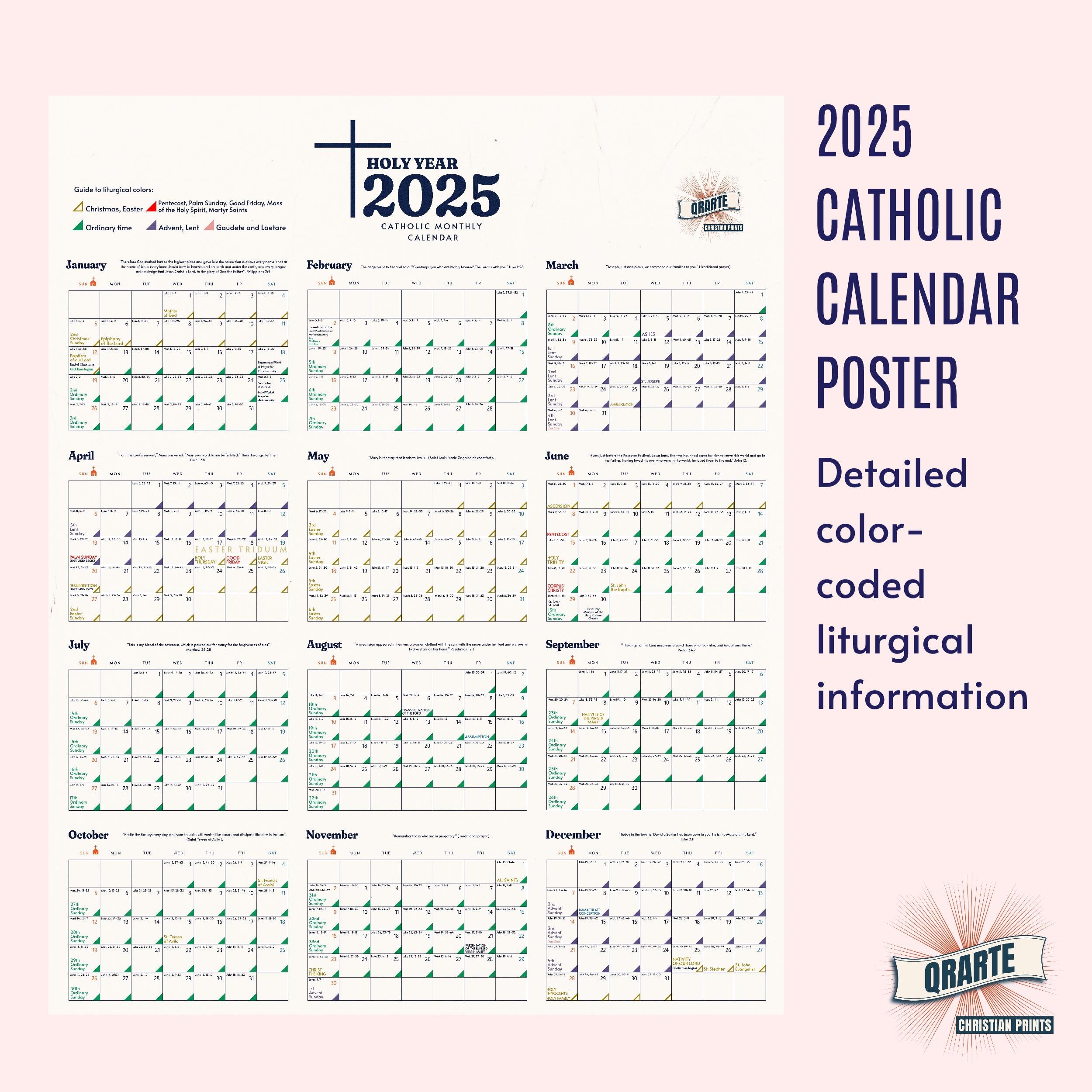 2025 Catholic Wall Calendar Poster Liturgical Color Code Yearly Calendar Print Instant Download Digital Christian Home School Decor Etsy