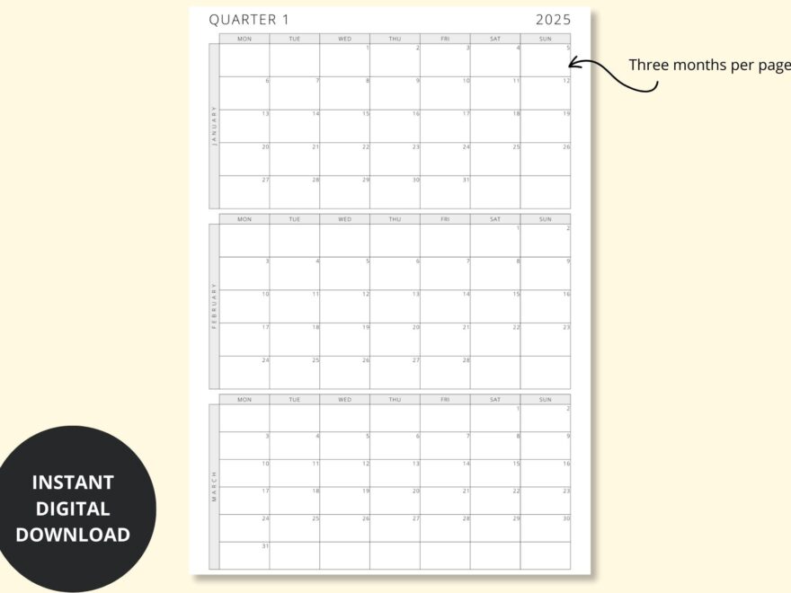 2025 Quarterly Calendar 3 Months Per Page 2025 Monthly Calendar Monthly Overview Yearly Planner Printable digital PDF A3 a4 a5 letter Etsy