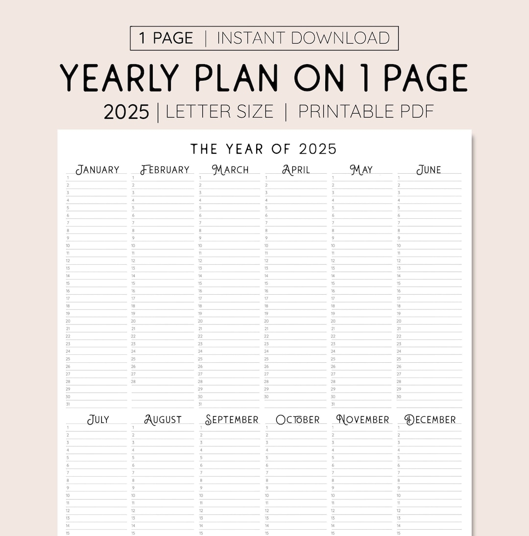 2025 Year At A Glance INSTANT DOWNLOAD Yearly Overview Printable Calendar 2025 Yearly Planner Annual Overview Etsy