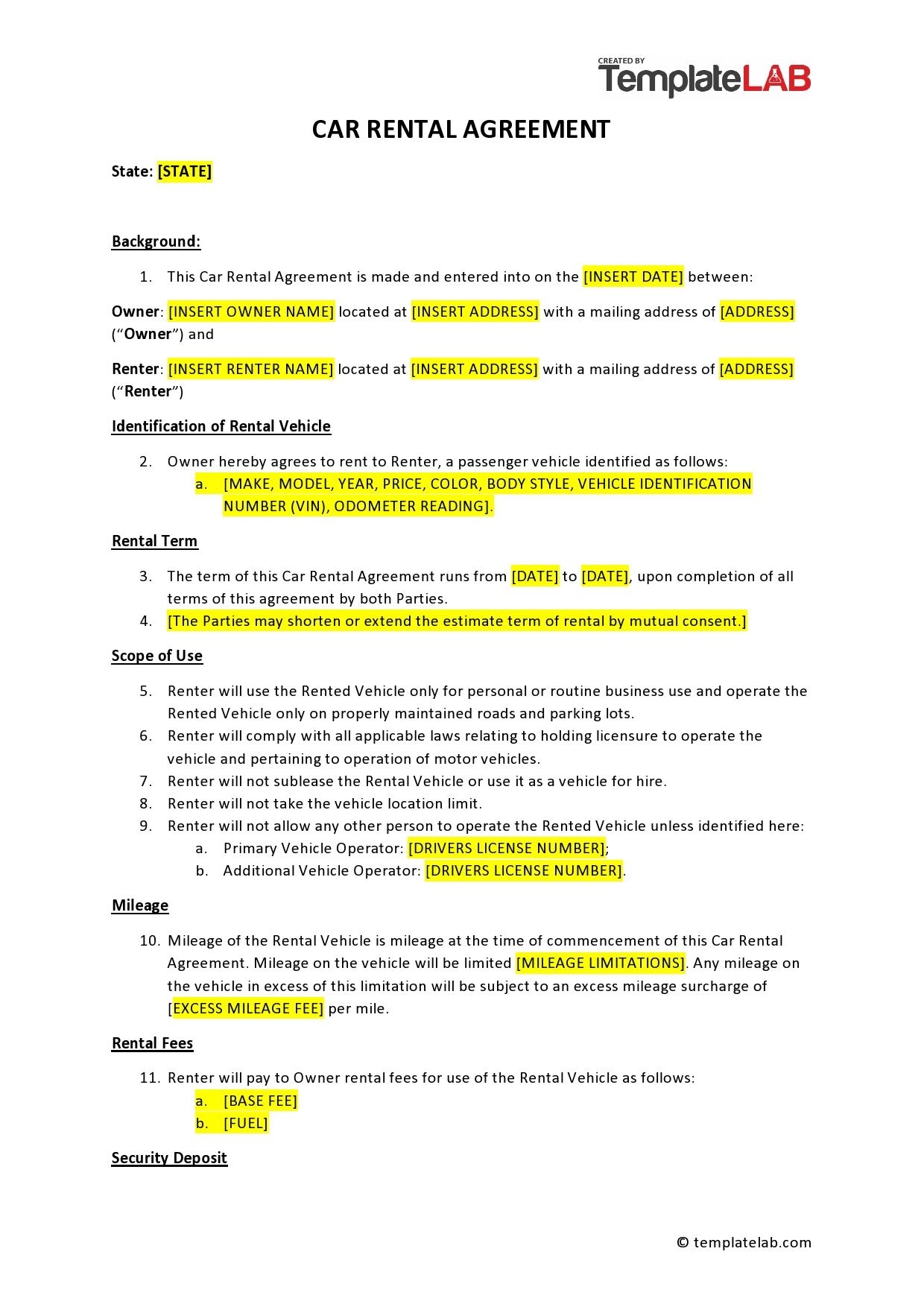 Free Printable Car Rental Agreement