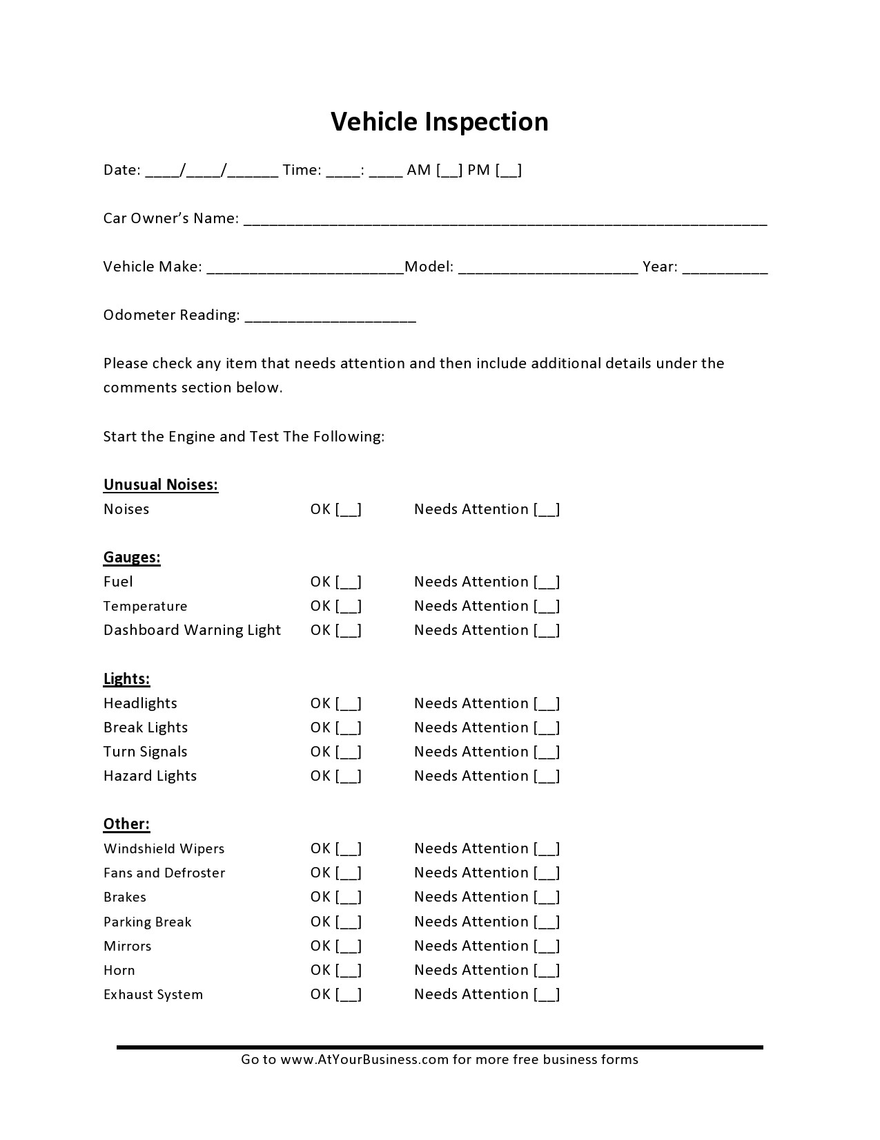 Walk Around Vehicle Inspection Form Printable