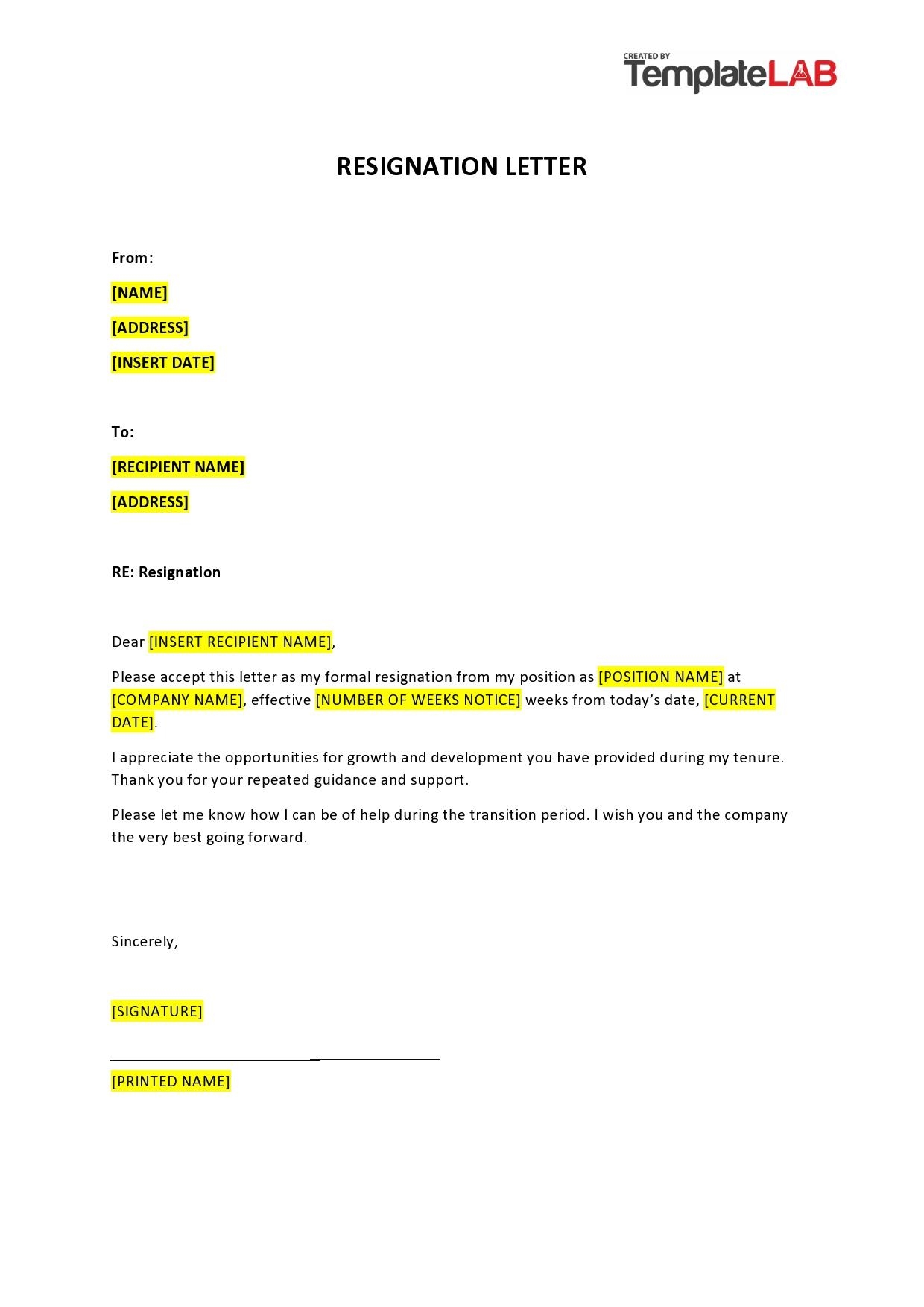Free Printable Resignation Letter Template